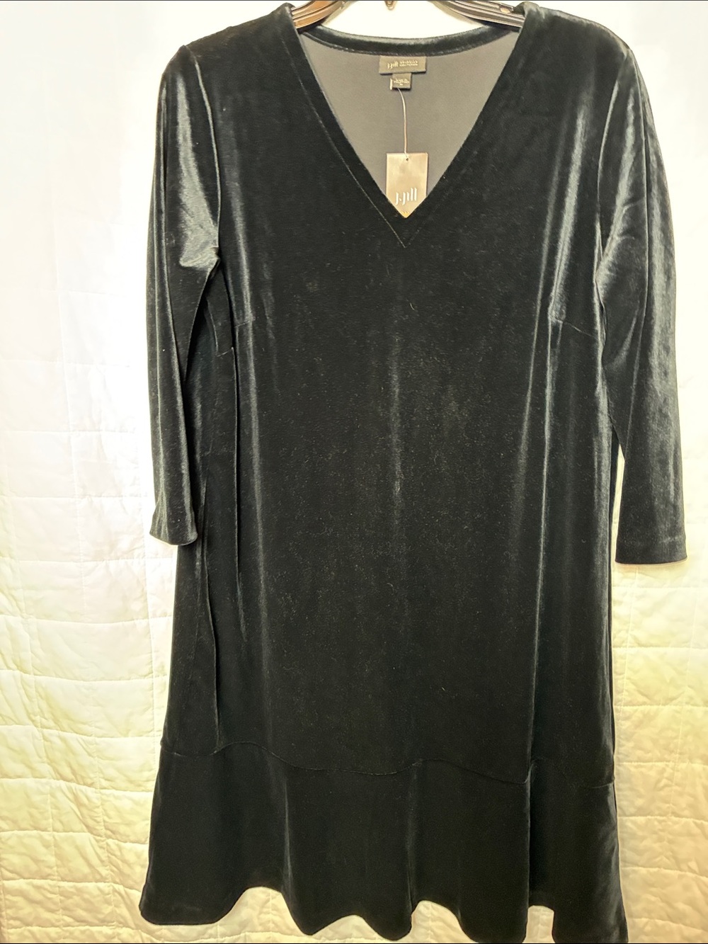 J. Jill Black Velvet V-Neck 3/4 Sleeve A-Line Dress